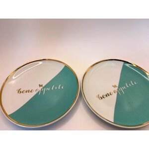 Doghaus Stoneware Dessert Plates Set of 2 White/Green/Gold Rim DW Safe